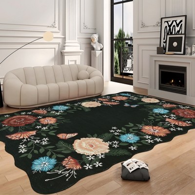 Modern Washable Area Rug, Soft Floral Floor Cover with Non Slip Backing, Low Pile Stain Resistant Floor Carpet for Living Room
