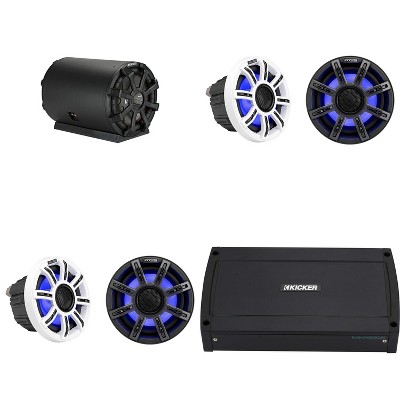 Kicker Pontoon - Tritoon Boat Premium Audio Upgrade, (4) 6.5" LED Marine Speakers, 10" Subwoofer tube & KXMA 5Ch. Marine Amplifier Bundle