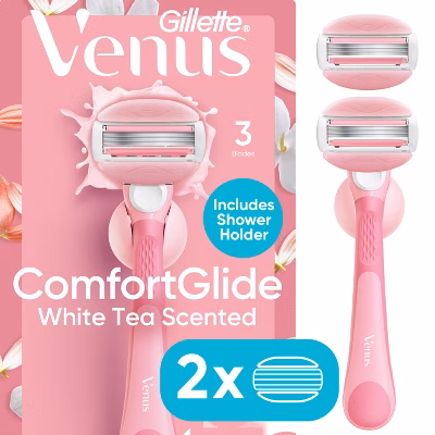 Venus ComfortGlide White Tea Women's Razor Handle, 2 Razor Blade Refills and Shower Holder