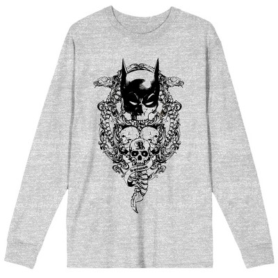 Batman Bat Mask With Three Skulls Men's Athletic Heather Gray Crew Neck Long Sleeve Graphic Tee