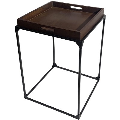HomeRoots 29" Dark Brown and Black Solid Wood and Iron Square Frame End Table