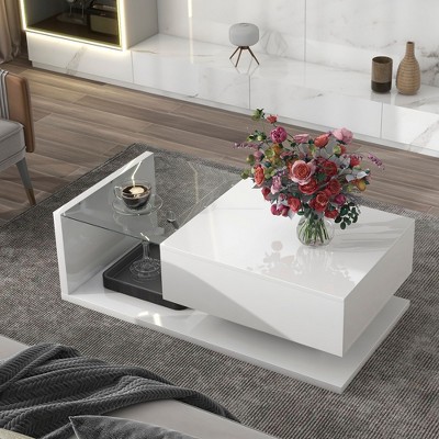 NicBex Modern Glass Coffee Table with Storage,High-Gloss UV Coffee Table with Tempered Glass Top,2-Tier Rectangle Center Table for Living Room