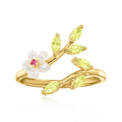 Ross-Simons Mother-Of-Pearl and 0.30 ct. t.w. Peridot Flower Ring With Rhodolite Garnet in 18kt Gold Over Sterling
