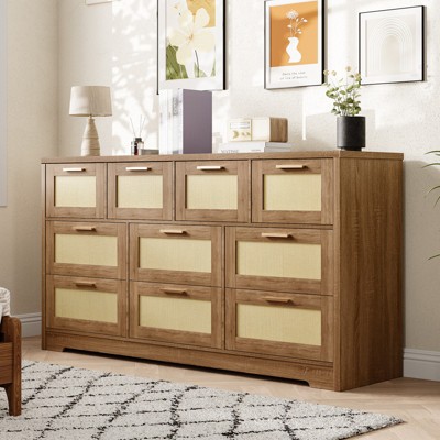 10 Drawer Rattan Dresser, 59" Boho Dresser with Metal Handles, Wood Closet Storage Chest of Drawers for Bedroom, Living Room, Hallway, Entryway