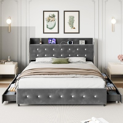GAOMON Full Size Bed Frame, Upholstered Platform Bed Frame with Trundle and 4 Storage Drawers, Bed Frame with Diamond Tufted Headboard