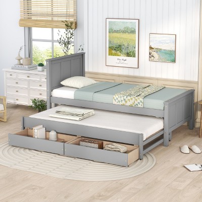 NicBex Twin Platform Bed 80" L Modern Pine Bed Frame with Trundle and 2 Storage Drawers for Bedroom, Guest Room, No Box Spring Required