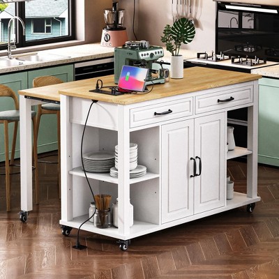 YOOCOZZ 47" Farmhouse Rolling Kitchen Island with Extendable Countertop, Ample Storage Space and Power Outlet