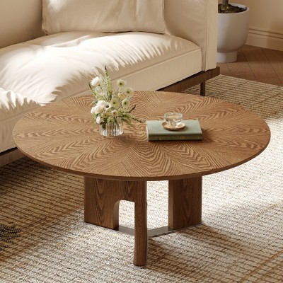 KWPZQEB 31.5" Round Wood Coffee Table, Rustic Coffee Table with Ash Wood Veneer, Cocktail Table with Cross Legs for Small Space, Living Room, Natural
