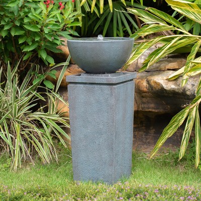Gulches 35.5" Polyresin Gray Zen Bowl Water Fountain, Outdoor Bird Feeder/Bath Fountains, Relaxing Water Feature for Garden Lawn Backyard Porch