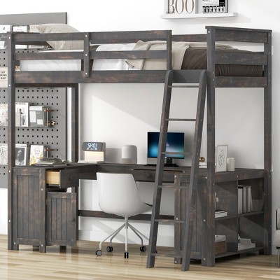 NicBex Twin Size Bunk Bed with Desk Wooden Bed Frame with Cabinet, Shelves, Drawers, Inclined Ladder and Guardrail, No Box Spring Required