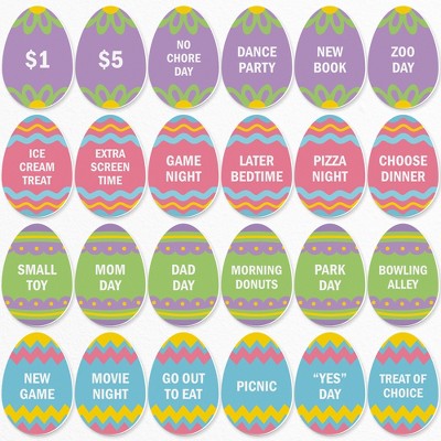 Big Dot of Happiness Hippity Hoppity Easter Egg Hunt Token Stuffers, 24 Count Egg Shape Filler Tokens with Rewards for Kids, Reusable Easter Activity,