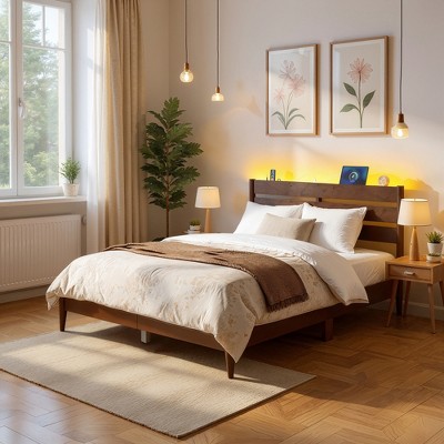Full Platform Bed Frame with LED Headboard & Charging Station, Mid-Century Modern Style, No Box Spring Needed