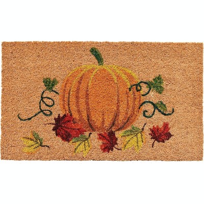 HomeRoots 17" X 29" Natural and Orange Coir Pumpkin Outdoor Fall Door Mat