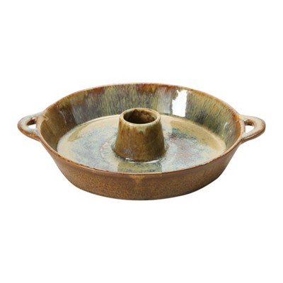 Storied Home Stoneware Dish with Toothpick Holder, Reactive Glaze, Brown (Each One Will Vary)