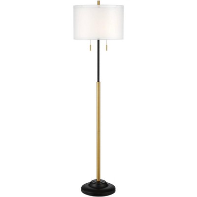 Possini Euro Design Roxie Modern Floor Lamp Standing 65 1/2" Tall Brass Black Metal Sheer Linen Double Drum Shade for Living Room Bedroom Office House