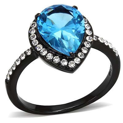 Slickblue Polished IP Black Stainless Steel Ring for Women Sea Blue Synthetic Glass, Size 5-10