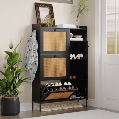 Acekool 3-Tier Shoe Cabinet with Natural Rattan Flip Drawers, Adjustable Shelves & Open Storage, Entryway Organizer in Multiple Finish
