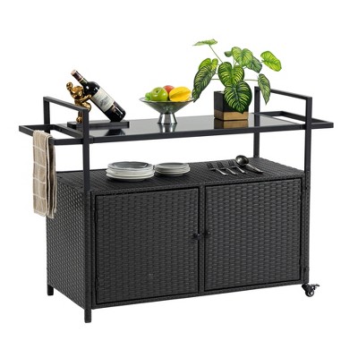 GDFStudio Dennis Outdoor Bar Cart with Tempered Glass Top and Storage Cabinet