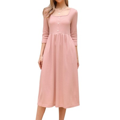 INSPIRE CHIC Women's Square Neck 3/4 Sleeves Waffle Knit Casual Midi Dress