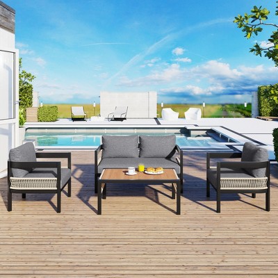 FIONECA U-Style Multi-Person Outdoor Iron Sofa Set with Rattan Accents, Waterproof & Rust-Proof Table for Garden, Lawn, Patio