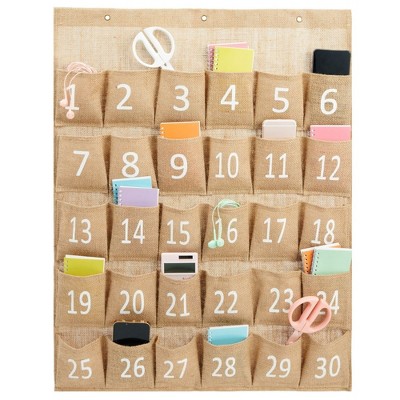 Infinite Curiosity 30-Row Burlap Cell Phone Holder for Classroom, Hanging Pocket Organizer for Phones, Calculator Caddy, 23.6 x 31 In