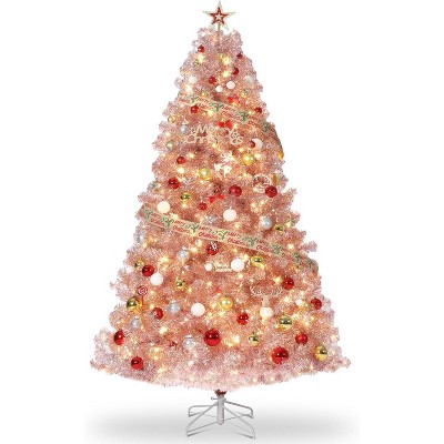 Prelit Rose Gold Tinsel Christmas Tree with 150 Warm White Lights, Metal Stand, 288 Branch Tips for Home, Office, Xmas Party Decor