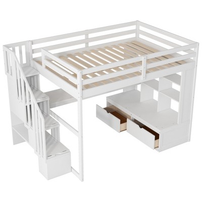 TiramisuBest Full Size Loft Bed with Desk and Shelves - White Plywood,Solid Design