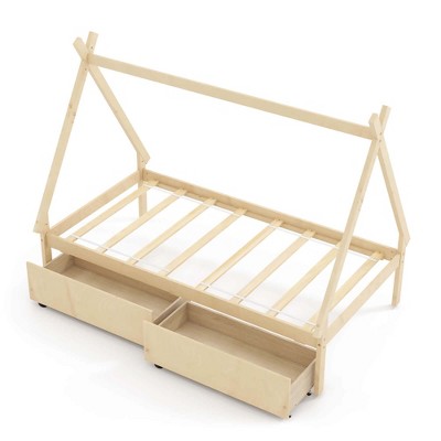 Costway Twin Size Wooden House Bed with 2 Drawers Roof Storage for Boys & Girls White/Gray/Natural