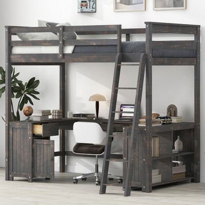 Whisen 77.7"L x 39.2"W Elegant Design Full Size Loft Bed with Desk, Drawers and Storage Shelves