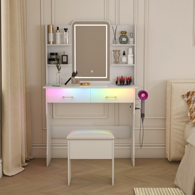 FONTOI Make Up Vanity Desk with Mirror&Chair, Dressing Table with Storage Drawers for Bedroom, White, 15.75"*53.94"*35.43"