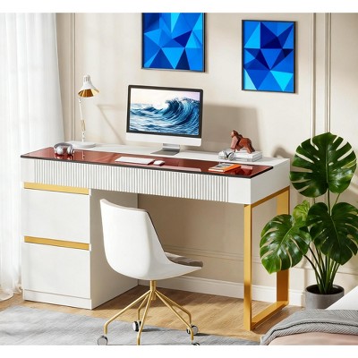 Gulches 47" Computer Desk with 4 Drawers, Modern Glass Top Home Office Desk, White & Gold Writing/Makeup Vanity