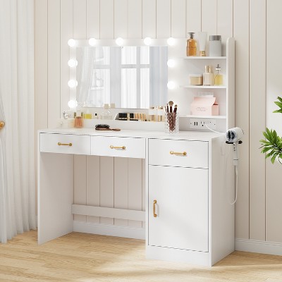 Vanity Desk with Mirror, LED Lights and Power Outlet Makeup Table with 3 Drawers and Storage Shelves Dressing Table for Bedroom Dressing Room