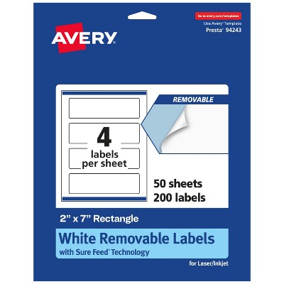 Avery Matte White Removable Rectangle Labels with Sure Feed Technology, Print-to-the-Edge, 2" x 7"
