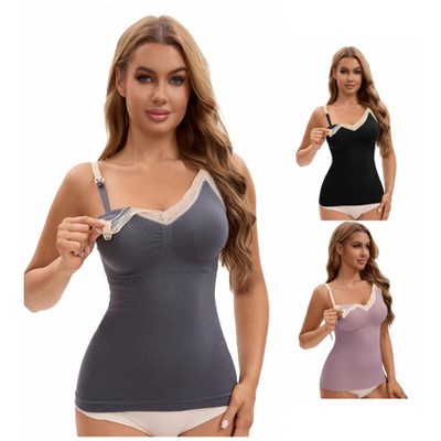 INSPIRE CHIC Women's 3 Pcs Lace V Neck Pregnancy Cami with Built-In Bra Maternity Nursing Tank Top for Breastfeeding