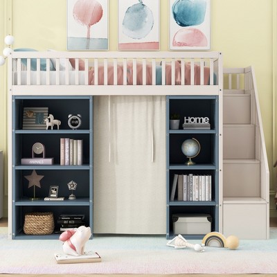 Whisen Full Size Loft Bed with Storage Cabinets & Curtain - White and Blue
