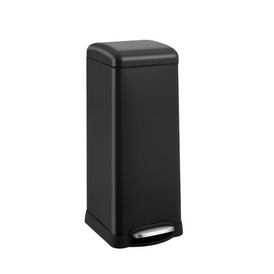 8 Gallon Step On Trash Can, Soft Close Lid, Polished Stainless Steel, Square Shape, Removable Inner Bucket, Black for Kitchen Indoor Use
