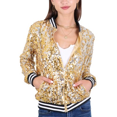 Anna-Kaci Women's Sequin Design Jacket Sparkle Long Sleeve Front Zip Casual Blazer Bomber Jacket With Pockets