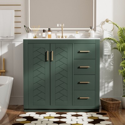 36" Retro Style Bathroom Vanity with Ceramic Sink, Freestanding Storage Cabinet with 3 Drawers & 2 Soft-Close Doors - ModernLuxe