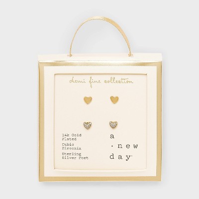 14k Gold Plated Brass Cubic Zirconia Polished/Pave Heart Earrings 2pc - A New Day™ Gold: Stud Design