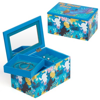 Disney Lilo and Stitch My Happy Place Silk Screen Print Blue Jewelry Box Jewelry Organizer, Officially Licensed