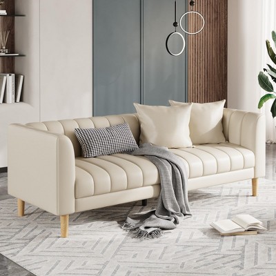 Faux Leather Sofa Couch, Modern 78" W Sofa with Deep Seats, 3 Seater Sofa Couch with 2 Throw Pillows and Wood Legs, Easy Assembly, for Living Room