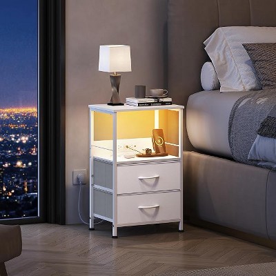 GALAXHERO Night Stand Set of 2,Small End Tables with Charger Station Nightstand with 2 Fabric Drawers & Storage Shelf, LED Bedside Table for Bedroom