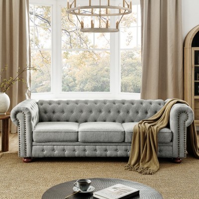 88.5" PU Tufted Chesterfield 3-Seater Sofa with Scrolled Arms and Solid Wood Frame for Living Room