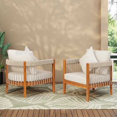 [Set of 2] Acacia Wood Outdoor Club Chair with Handwoven Rope Accents & Curved Backrest - Boho Patio Lounge Chair with Removable Cushions