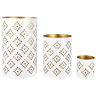 Northlight Laser-Cut Diamond Pattern Iron Candle Holders - 10" - White and Gold Finish - Set of 3