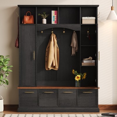 Whisen 59"W 76.7"H 4-in-1 Hall Tree with Golden Hooks & Handles, Farmhouse Wooden Entryway Bench with Adjustable Shelves, Coat & Shoe Rack