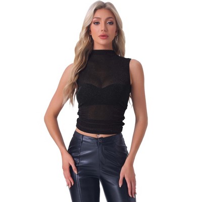 Allegra K Women's Mock Neck Ruched Sleeveless Mesh Summer Cropped Casual Tank Tops