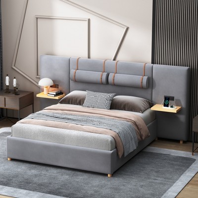Queen Size Upholstered Platform Bed with Storage Shelves, Two Outlets and USB Charging Ports