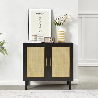 MAYEERTY Side Panel Buffet Cabinet with Natural Rattan Door with Adjustable Shelves for Bedroom Living Room 1pcs