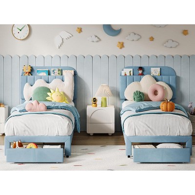 Acekool Twin Bed Set - 2 Upholstered Storage Beds with Bookcase Headboards
